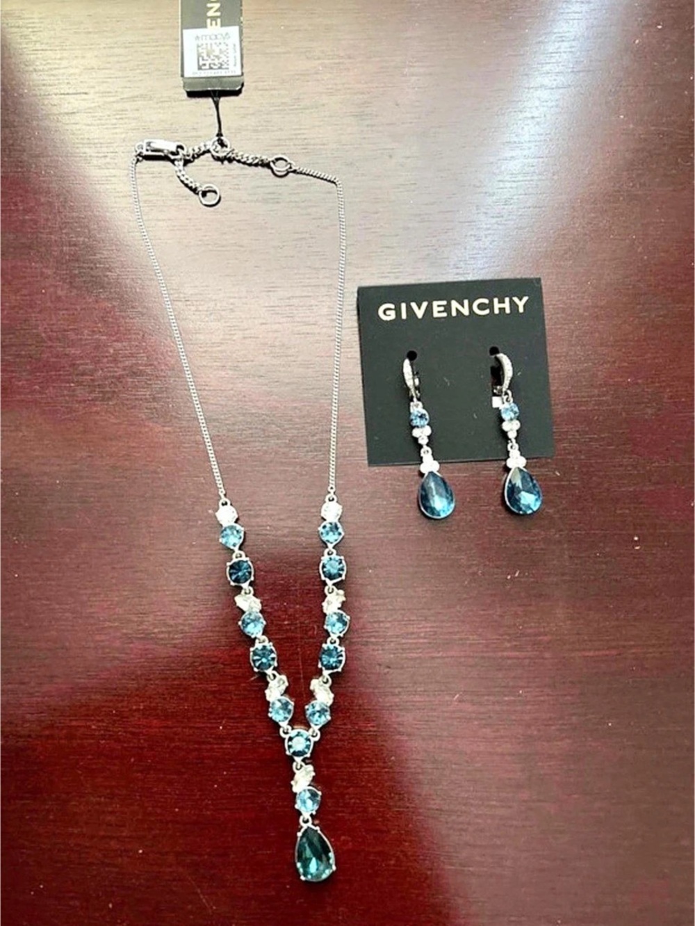 NWT Givenchy Crystal Drop Necklace & Earrings in Shades of Blue